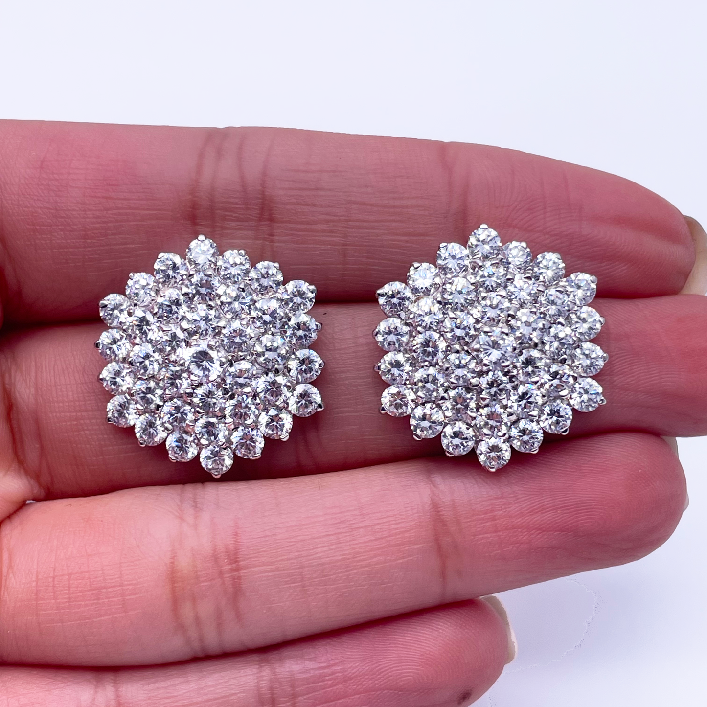 9ct White Gold Cubic Zirconia Hexagonal Cluster Earrings Hallmarked 20mm Wide