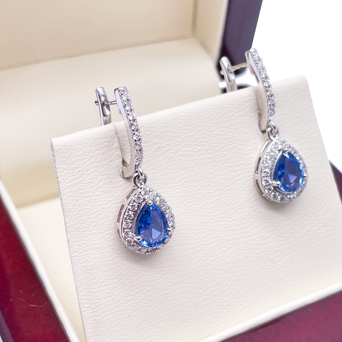 18ct White Gold Diamond & Blue Sapphire Pear Halo Teardrop Hoop Earrings 2.17ct