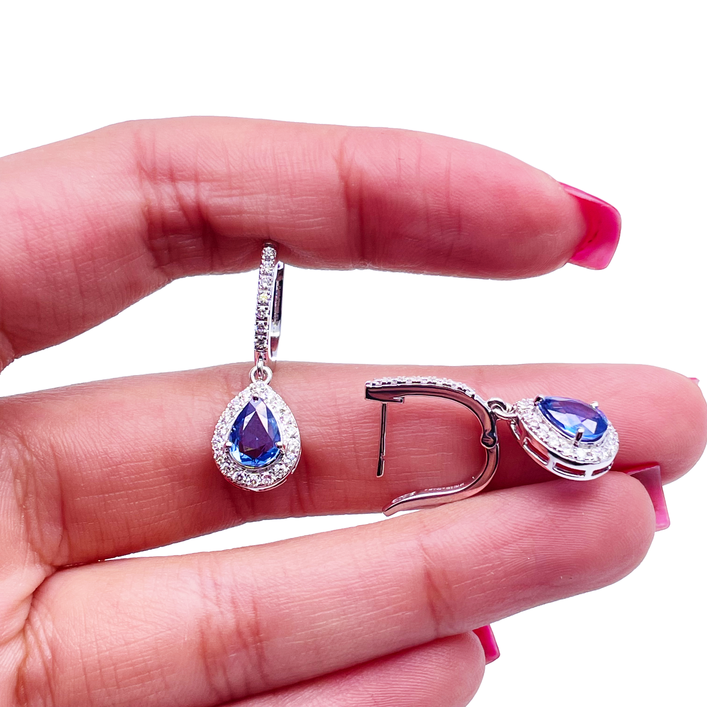18ct White Gold Diamond & Blue Sapphire Pear Halo Teardrop Hoop Earrings 2.17ct