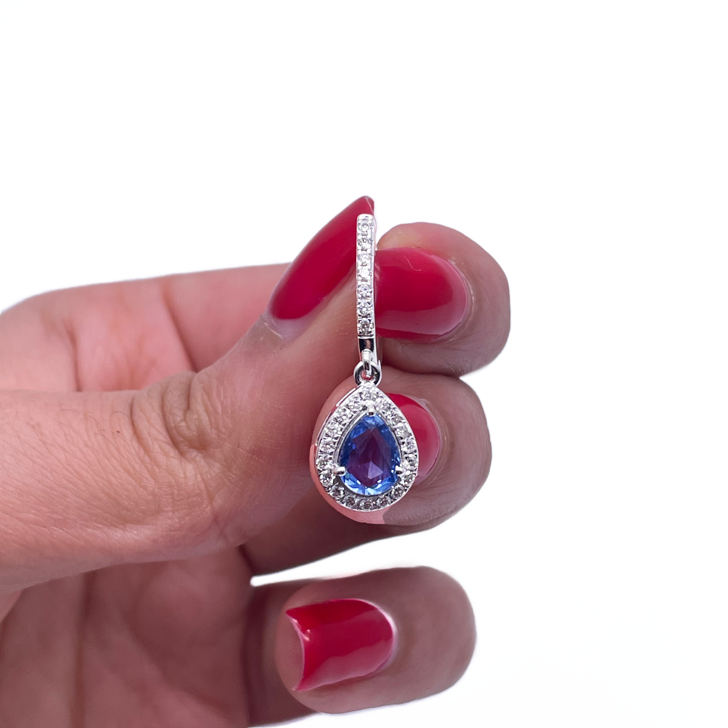 18ct White Gold Diamond & Blue Sapphire Pear Halo Teardrop Hoop Earrings 2.17ct