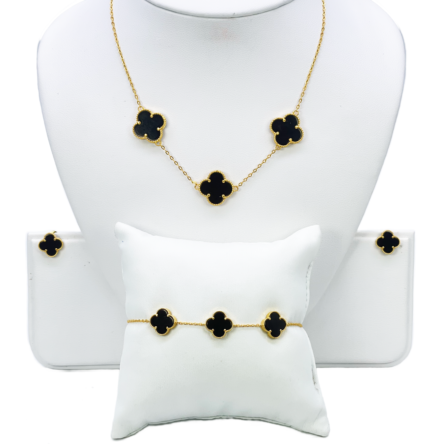 22ct Yellow Gold Black Onyx Three Clover Necklace, Bracelet & Matching Earrings Set