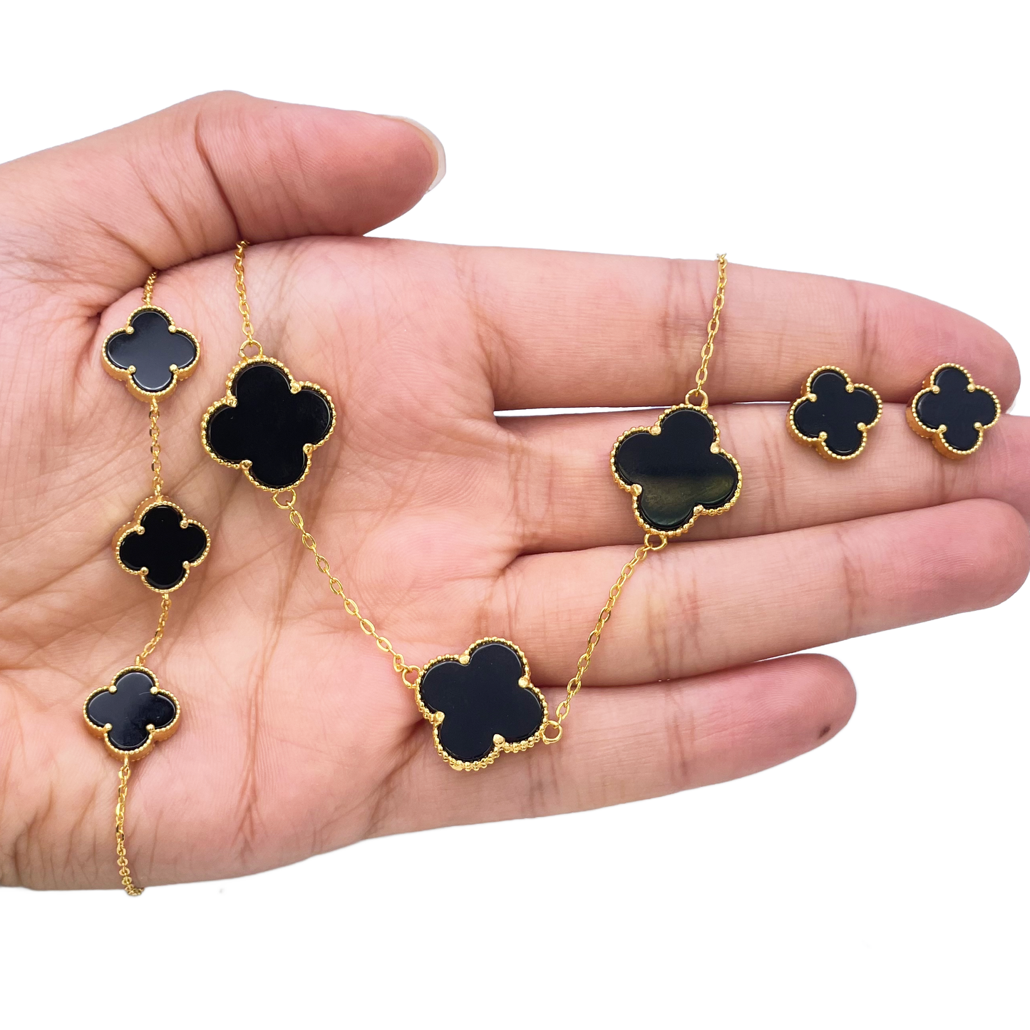 22ct Yellow Gold Black Onyx Three Clover Necklace, Bracelet & Matching Earrings Set