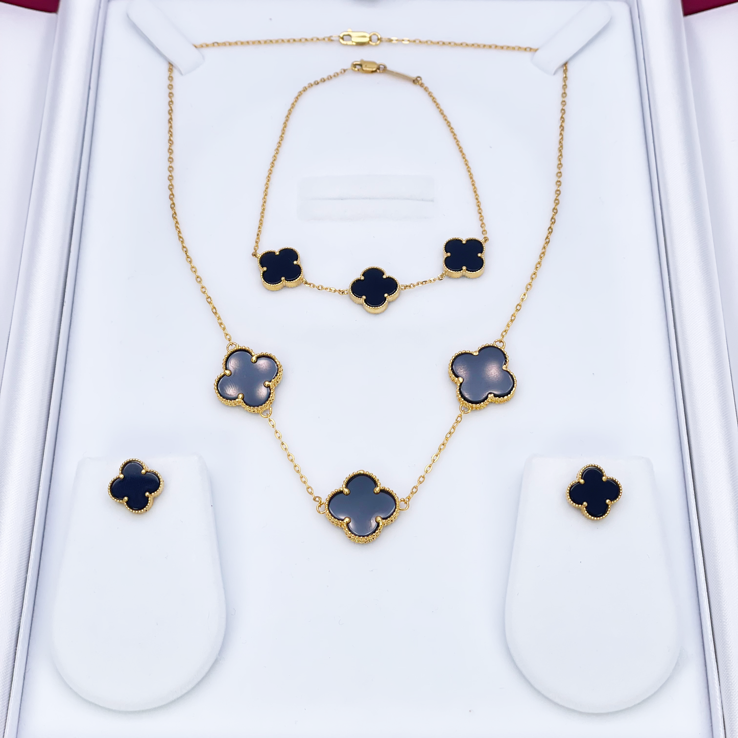 22ct Yellow Gold Black Onyx Three Clover Necklace, Bracelet & Matching Earrings Set