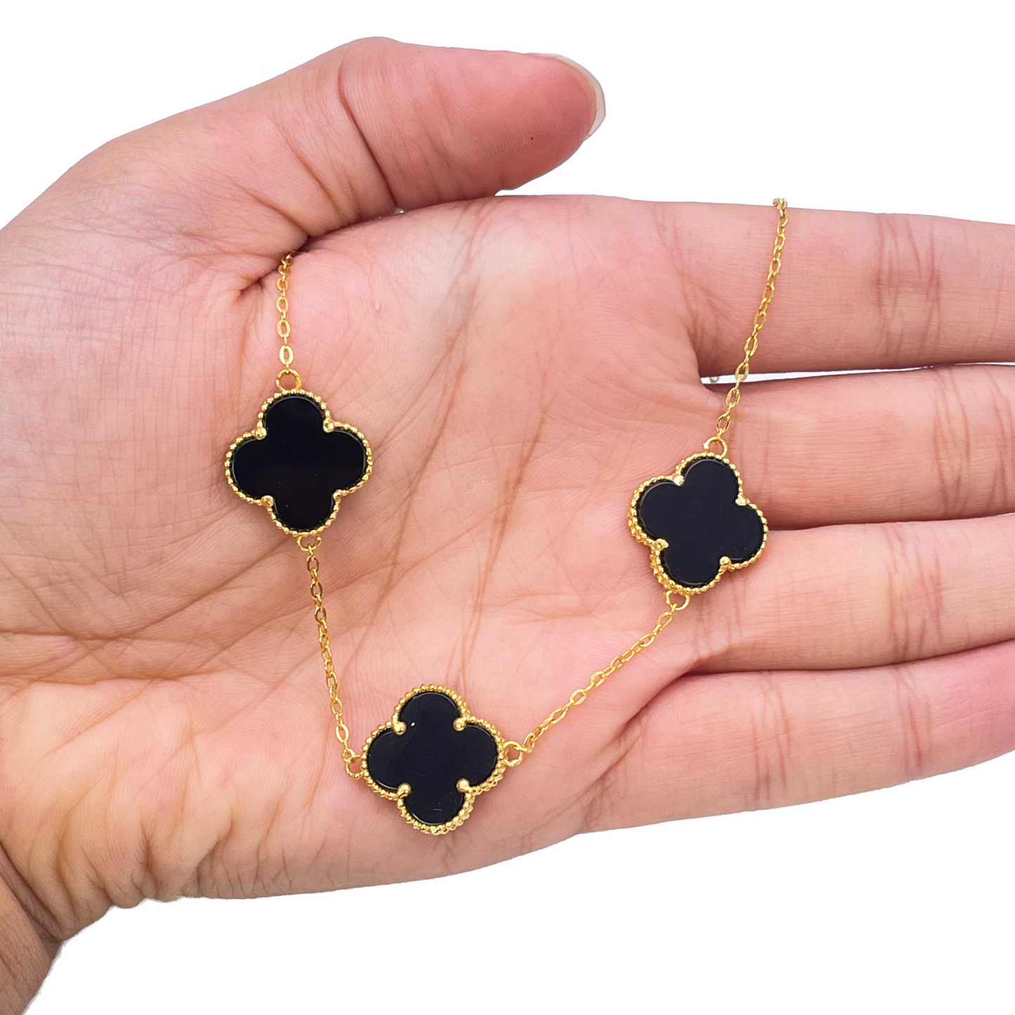 22ct Yellow Gold Black Onyx Three Clover Necklace, Bracelet & Matching Earrings Set