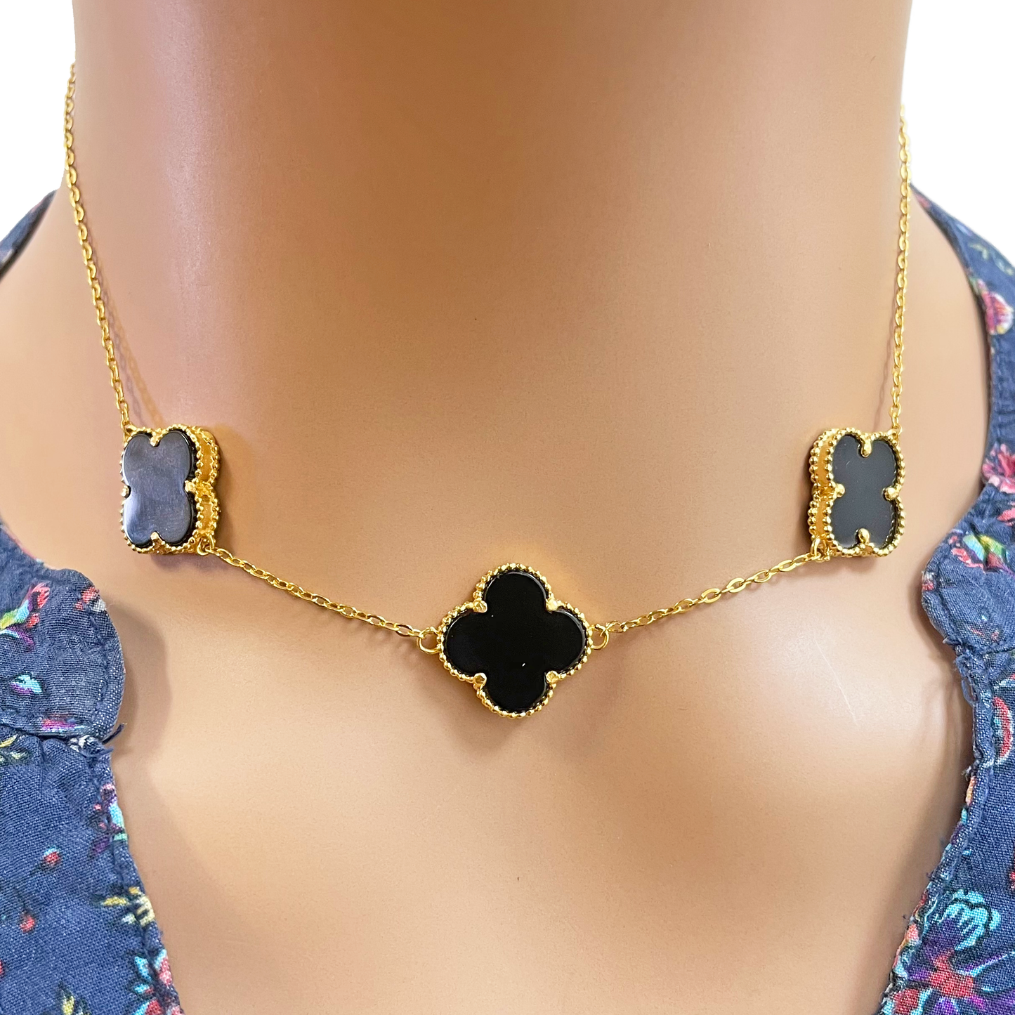 22ct Yellow Gold Black Onyx Three Clover Necklace, Bracelet & Matching Earrings Set
