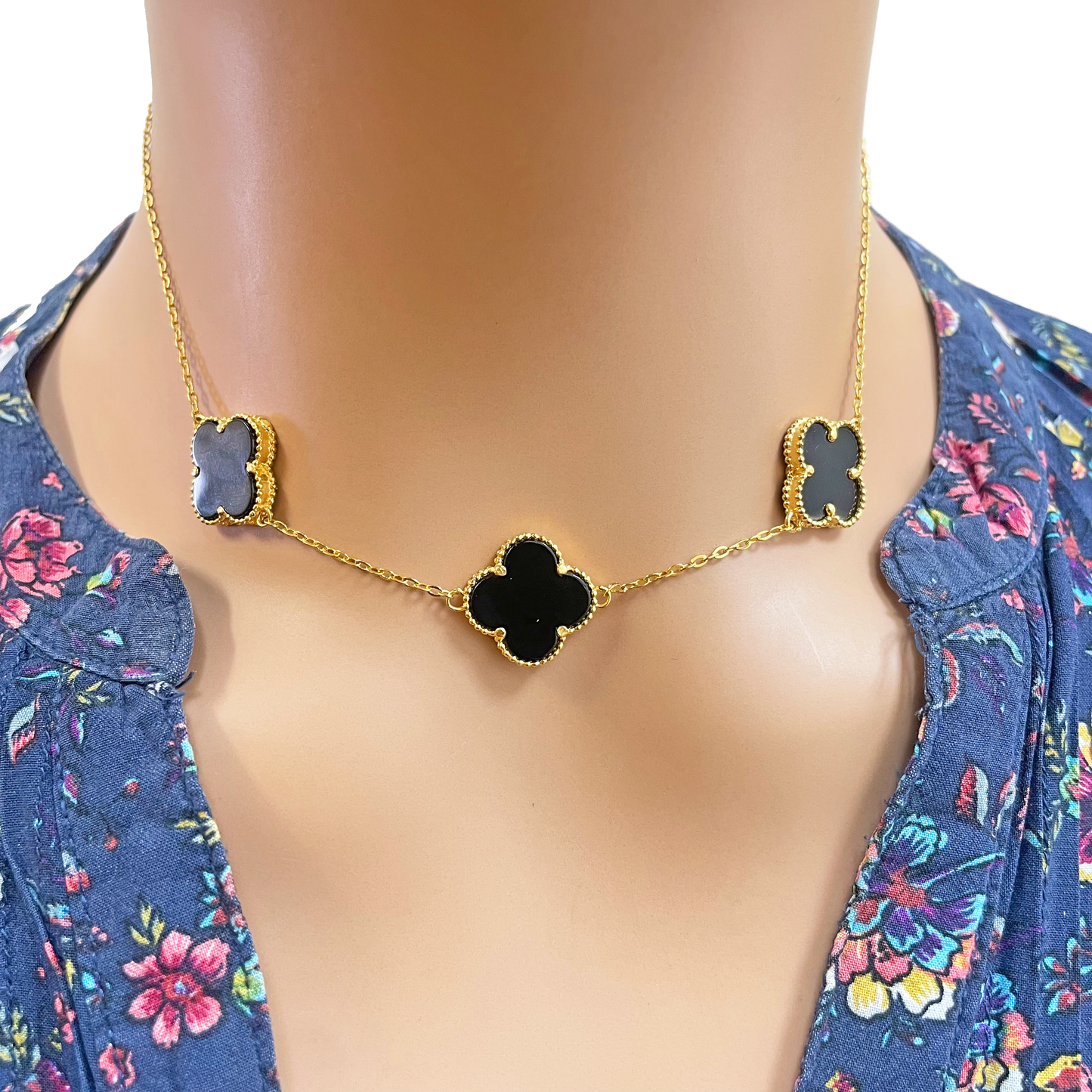 22ct Yellow Gold Black Onyx Three Clover Necklace, Bracelet & Matching Earrings Set