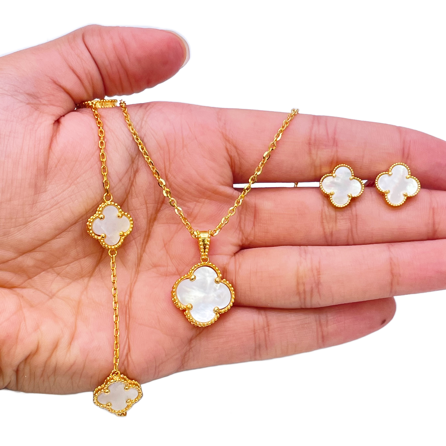 22ct Yellow Gold Mother Of Pearl Clover Necklace, Bracelet & Matching Earrings Set