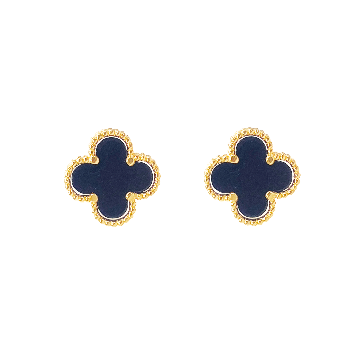 22ct Yellow Gold Small Black Onyx Clover Stud Earrings 9mm Width