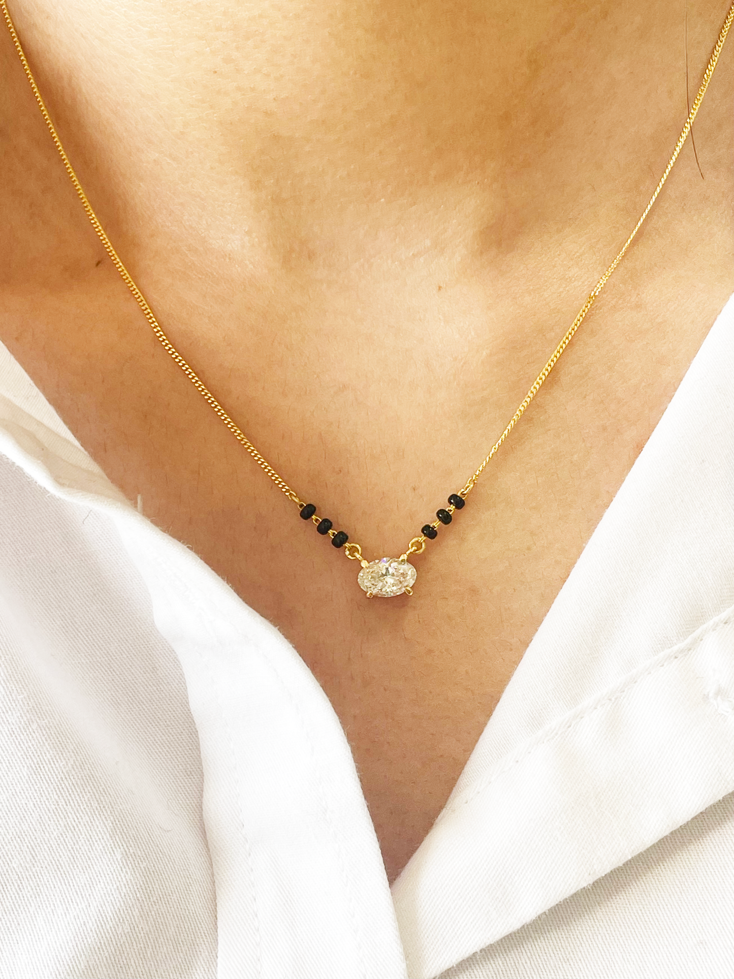 18ct Yellow Gold Lab Grown Oval Diamond 1.00ct Black Beads Mangalsutra Necklace IGI Certified