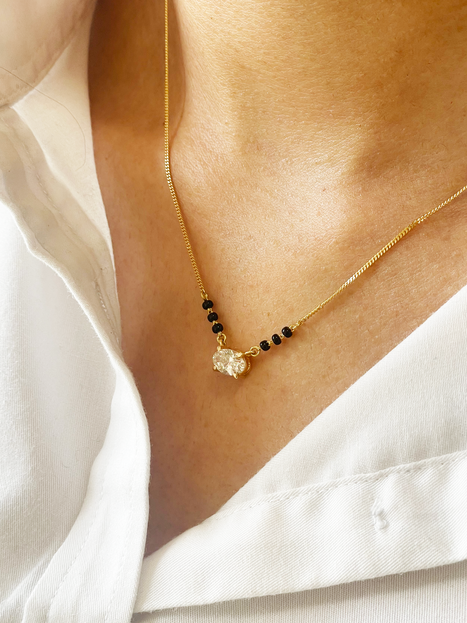 18ct Yellow Gold Lab Grown Oval Diamond 1.00ct Black Beads Mangalsutra Necklace IGI Certified