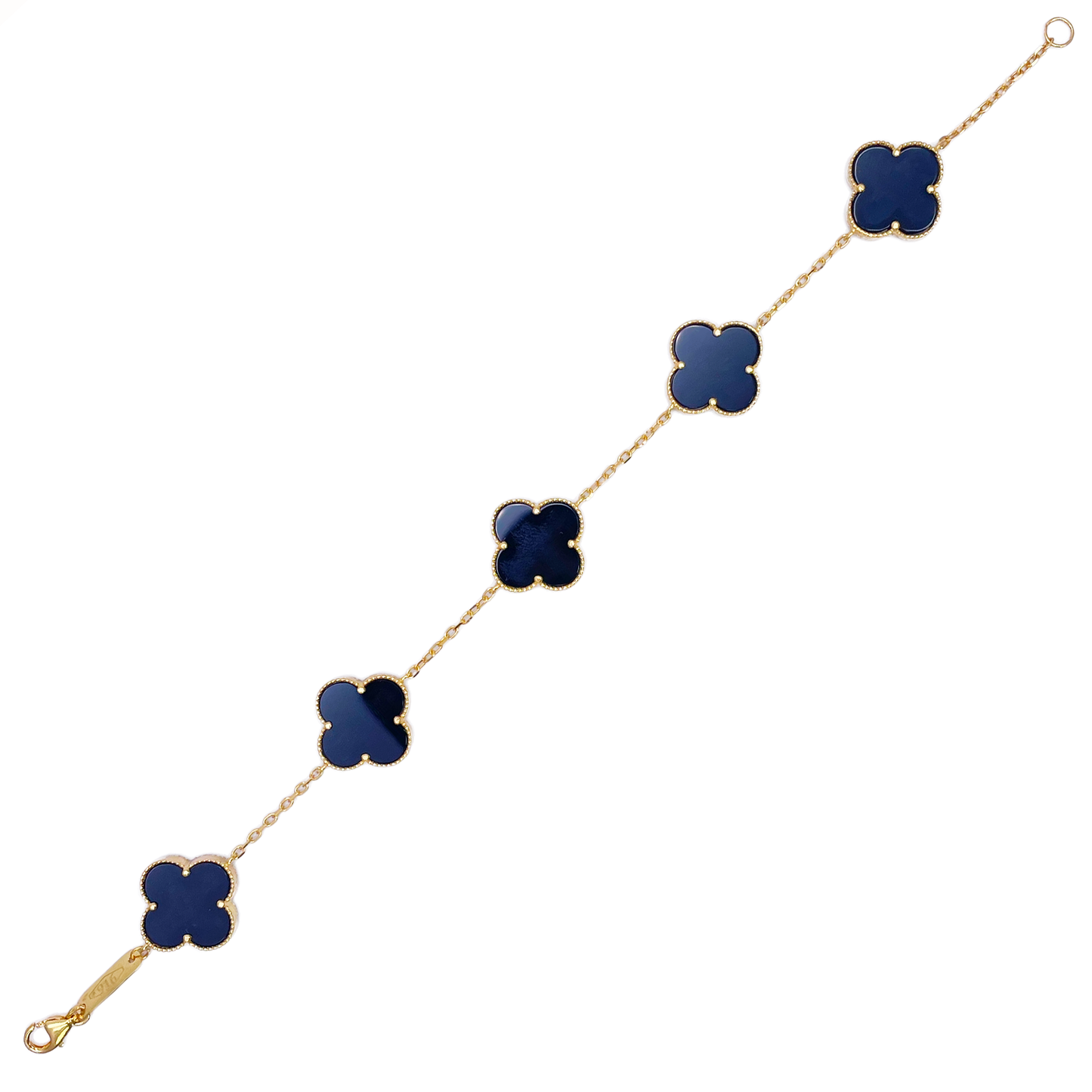 22ct Yellow Gold 5 Floral Clover Black Onyx Bracelet 7 inches
