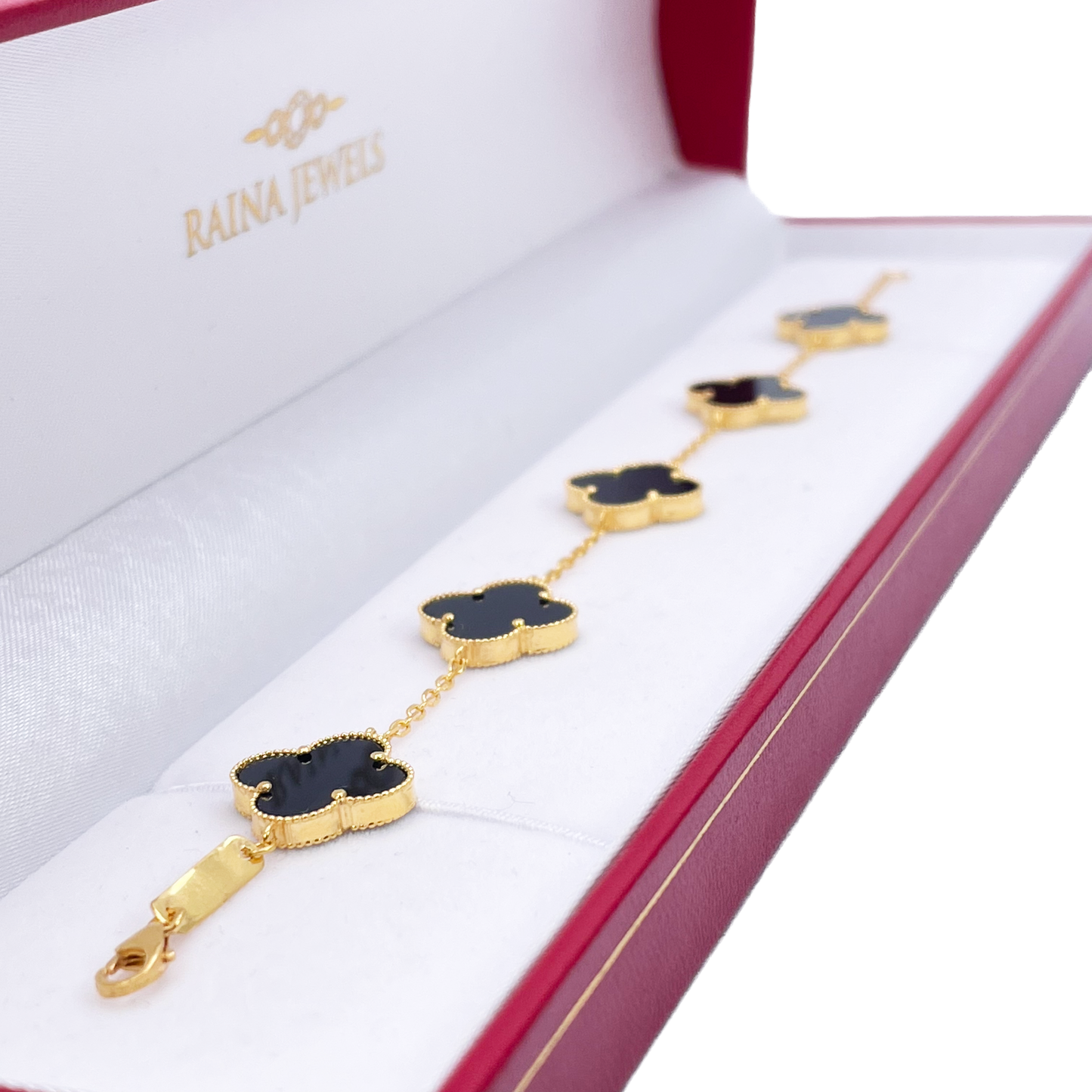 22ct Yellow Gold 5 Floral Clover Black Onyx Bracelet 7 inches