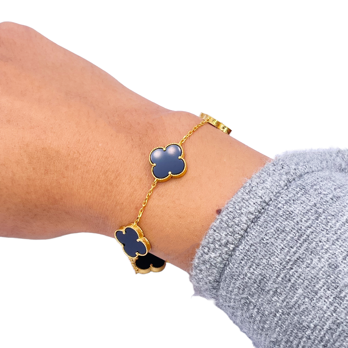 22ct Yellow Gold 5 Floral Clover Black Onyx Bracelet 7 inches