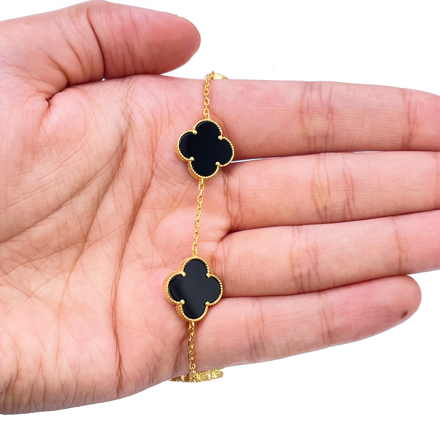 22ct Yellow Gold 5 Floral Clover Black Onyx Bracelet 7 inches