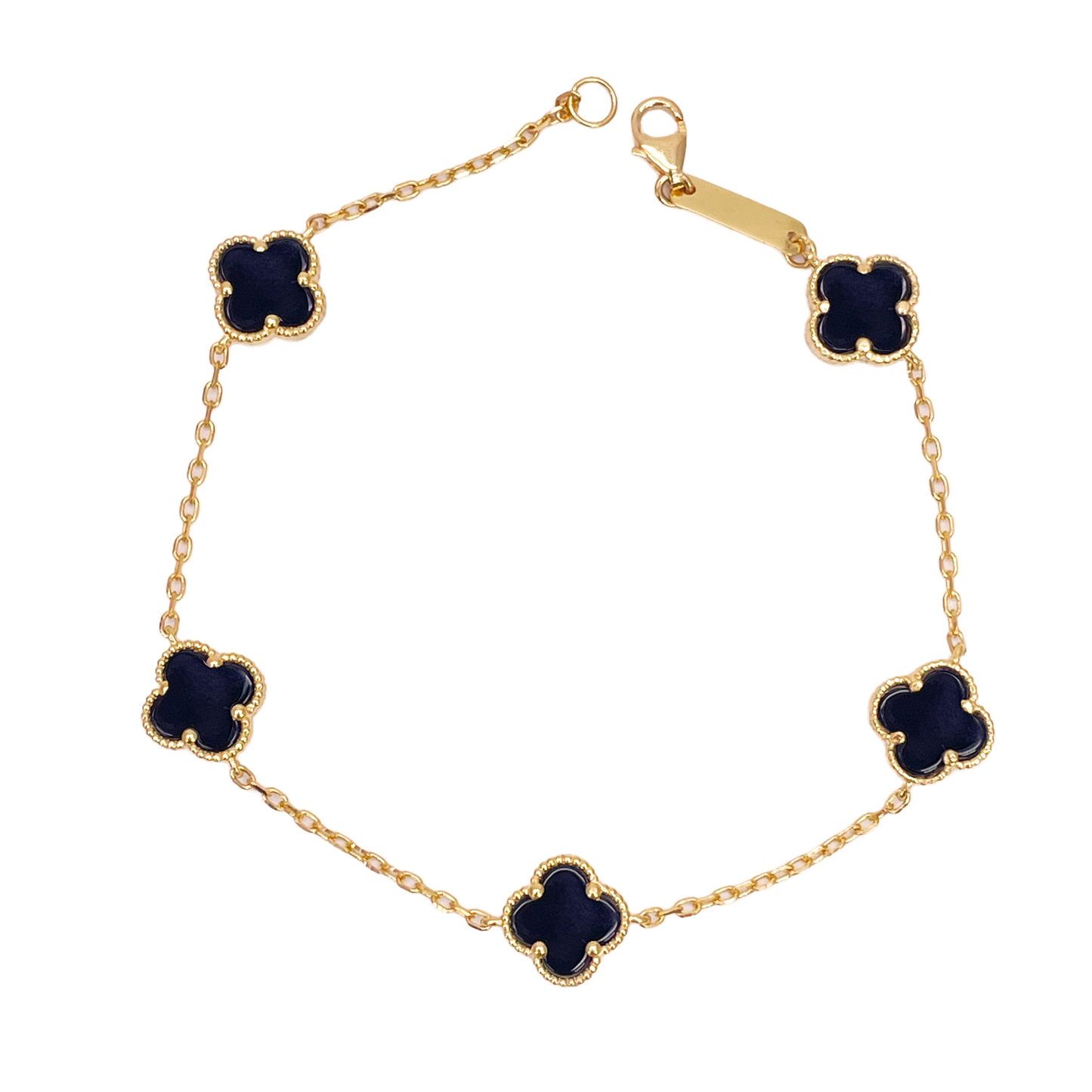 22ct Yellow Gold 5 Floral Clover Black Onyx Bracelet 7.5 inches, 9.5mm Width