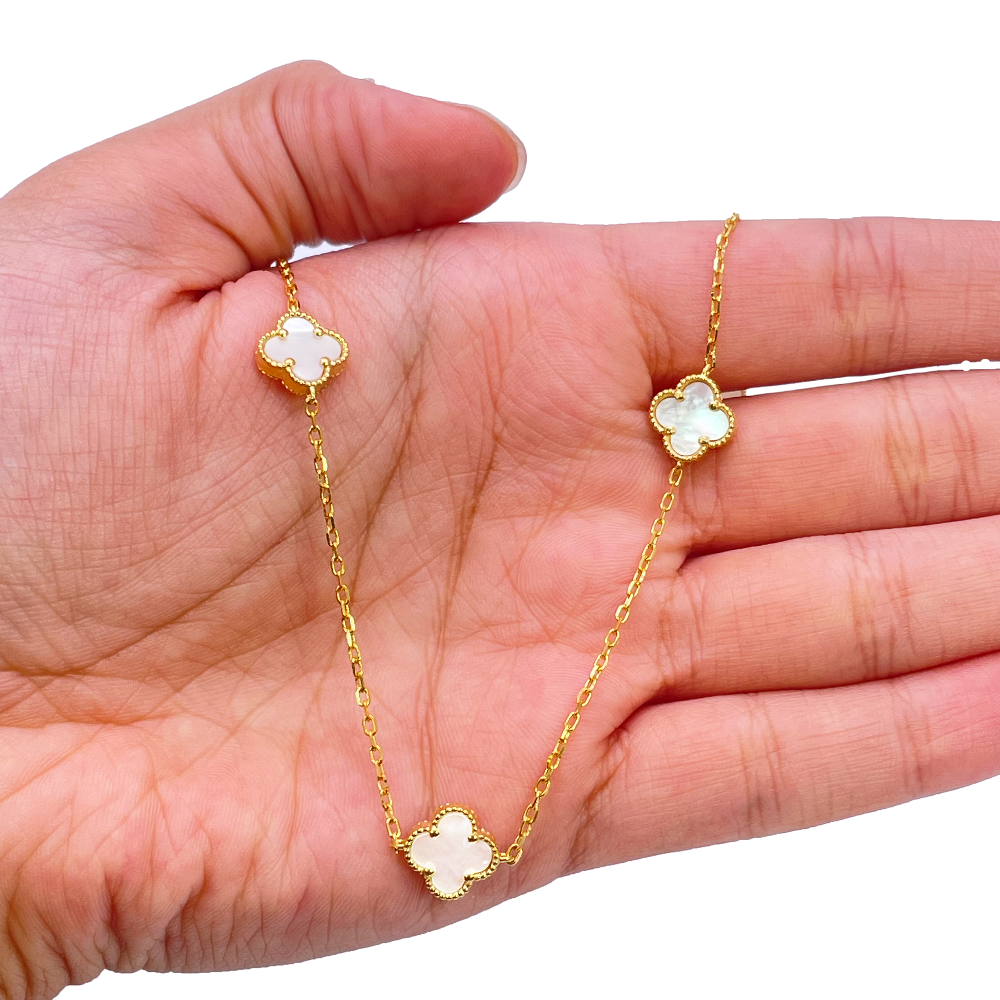22ct Yellow Gold Mother Of Pearl Clover Necklace 19.5"inches Width 9.4mm  Diamond Bracelets