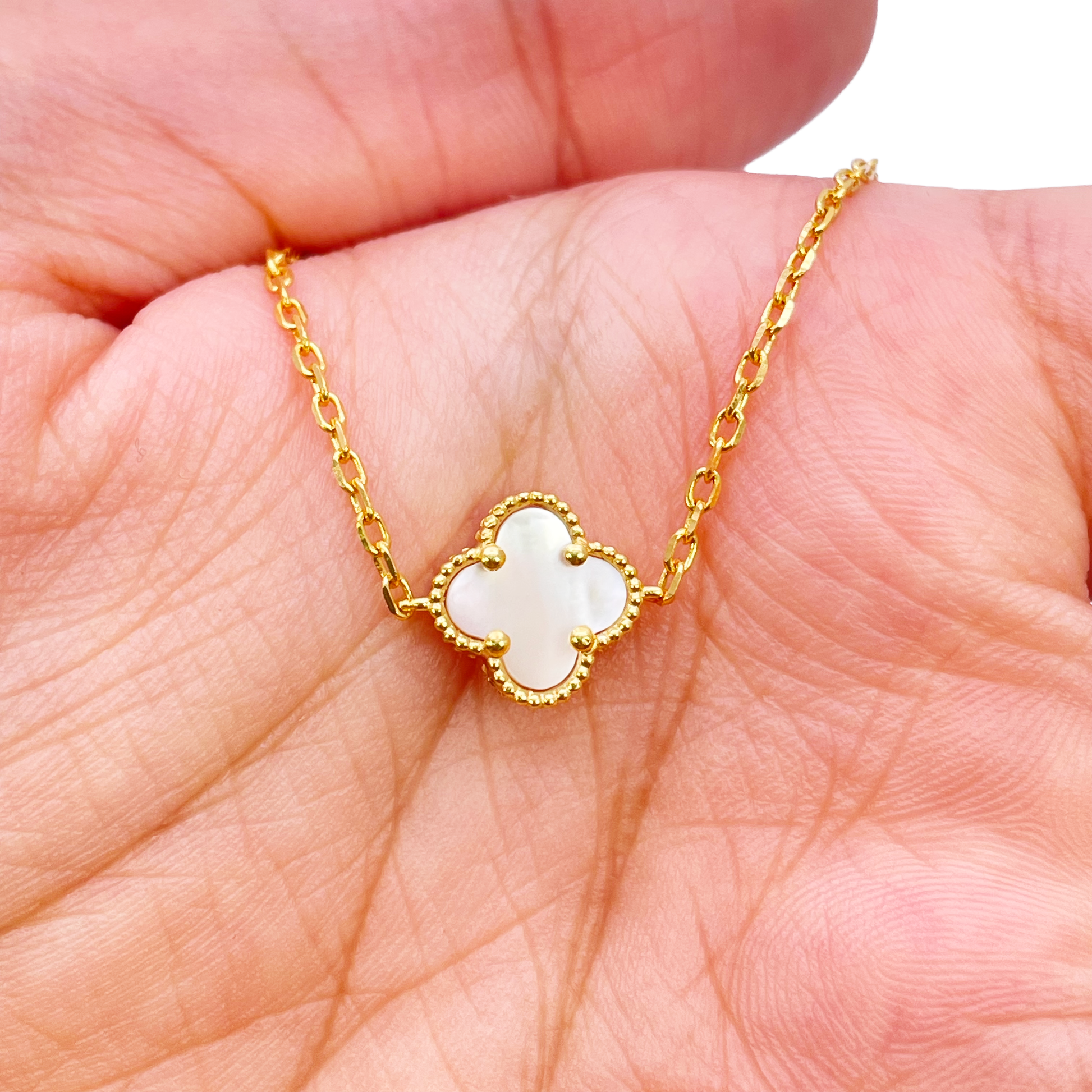 22ct Yellow Gold Mother Of Pearl Clover Necklace 19.5"inches Width 9.4mm  Diamond Bracelets