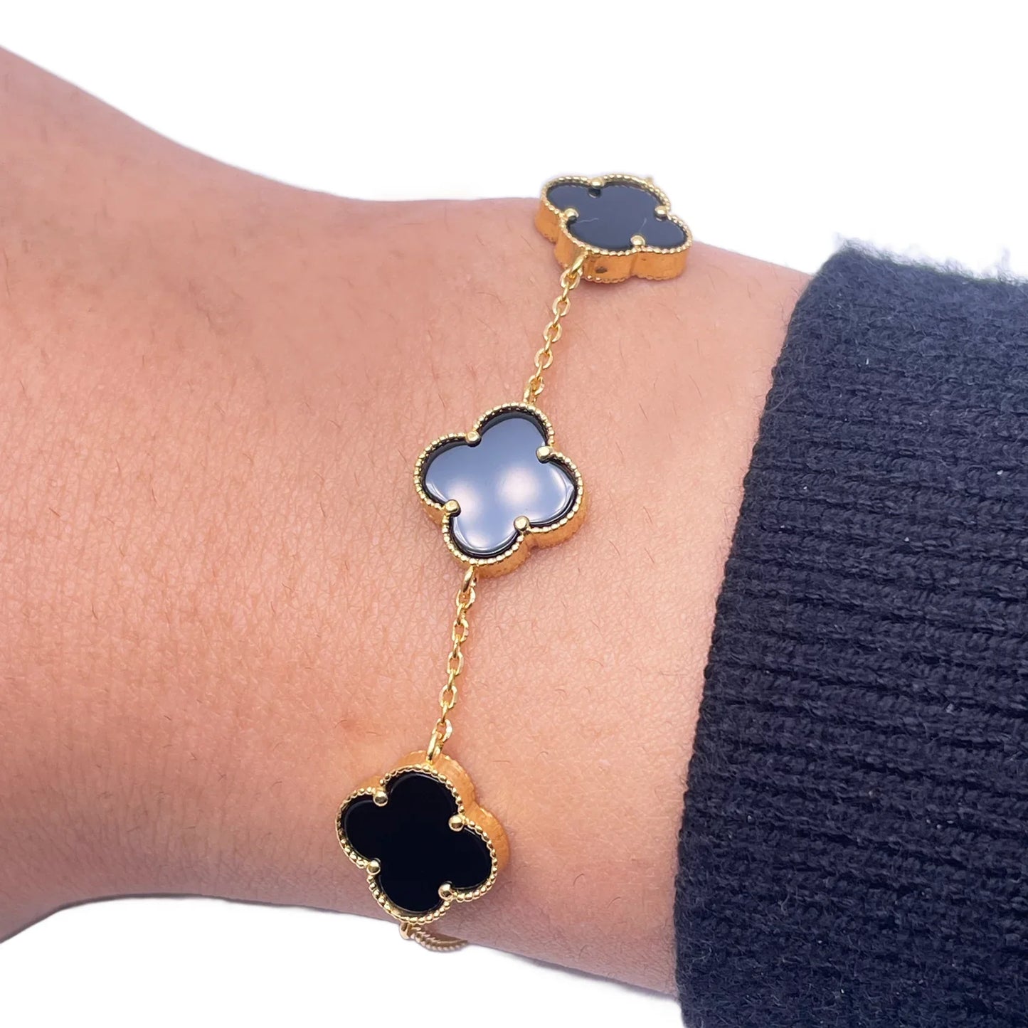 22ct Yellow Gold Black Onyx Three Clover Necklace, Bracelet & Matching Earrings Set