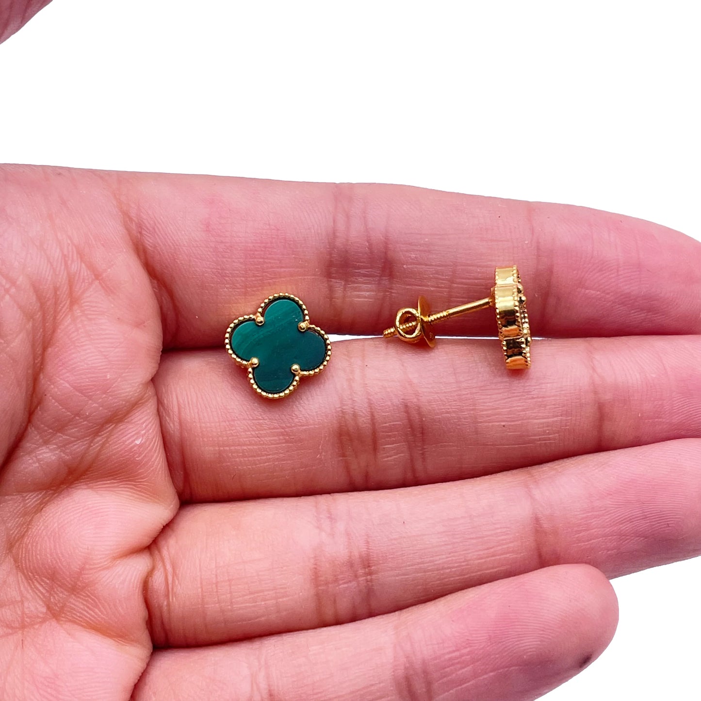 22ct Yellow Gold Malachite Clover Stud Earrings 11mm Width