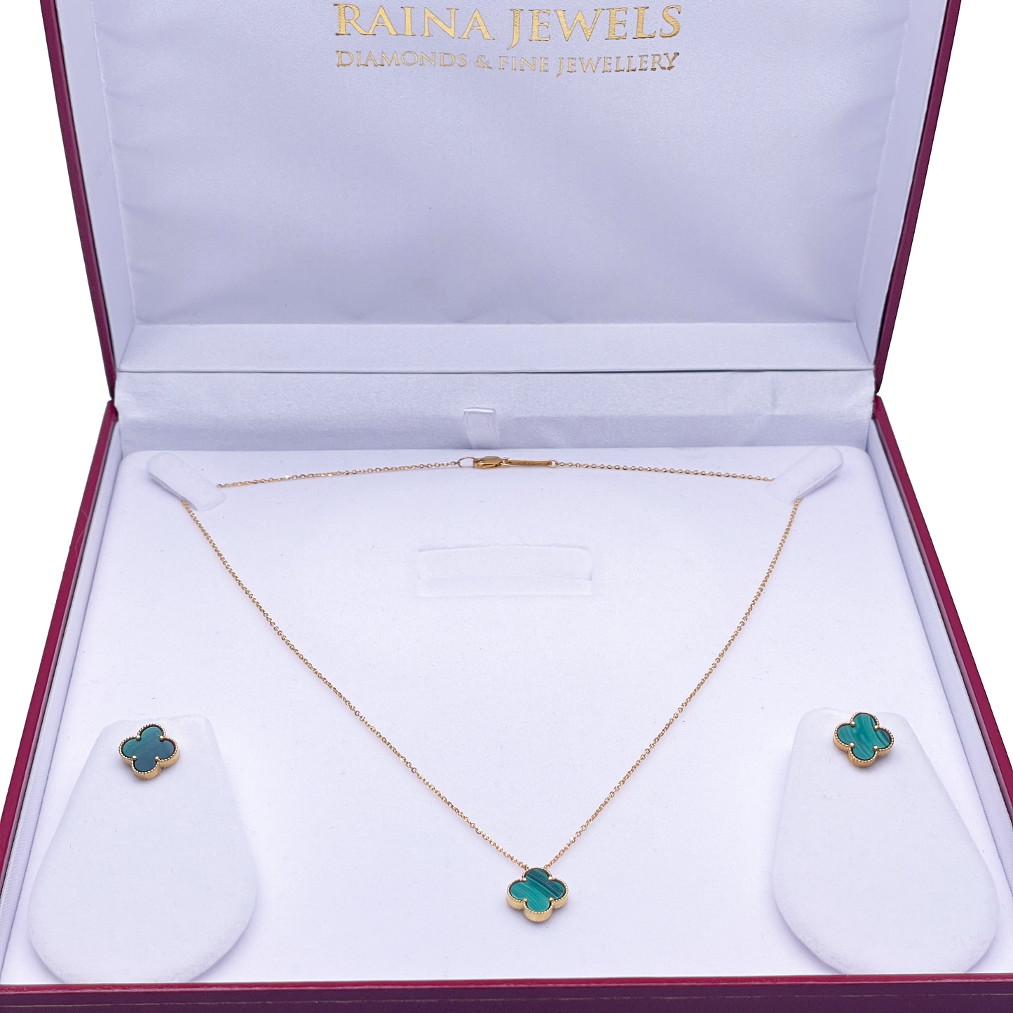 22ct Yellow Gold Malachite Clover Necklace, Bracelet & Matching Earrings Set