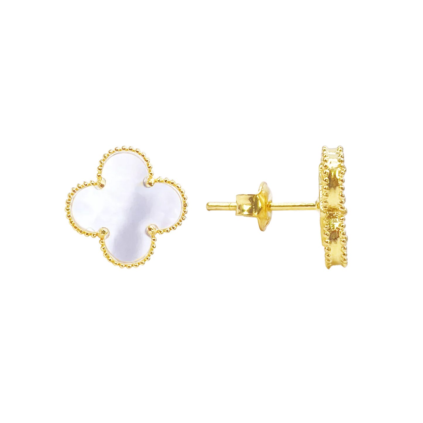Gold clover-shaped earrings on a white background