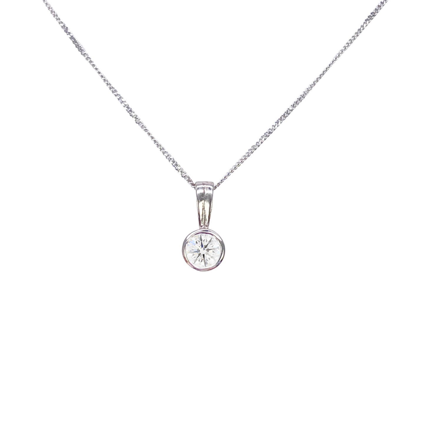 Round Natural Diamond Solitaire Bezel Rubover Set Pendant & Chain 0.30ct GIA Certified