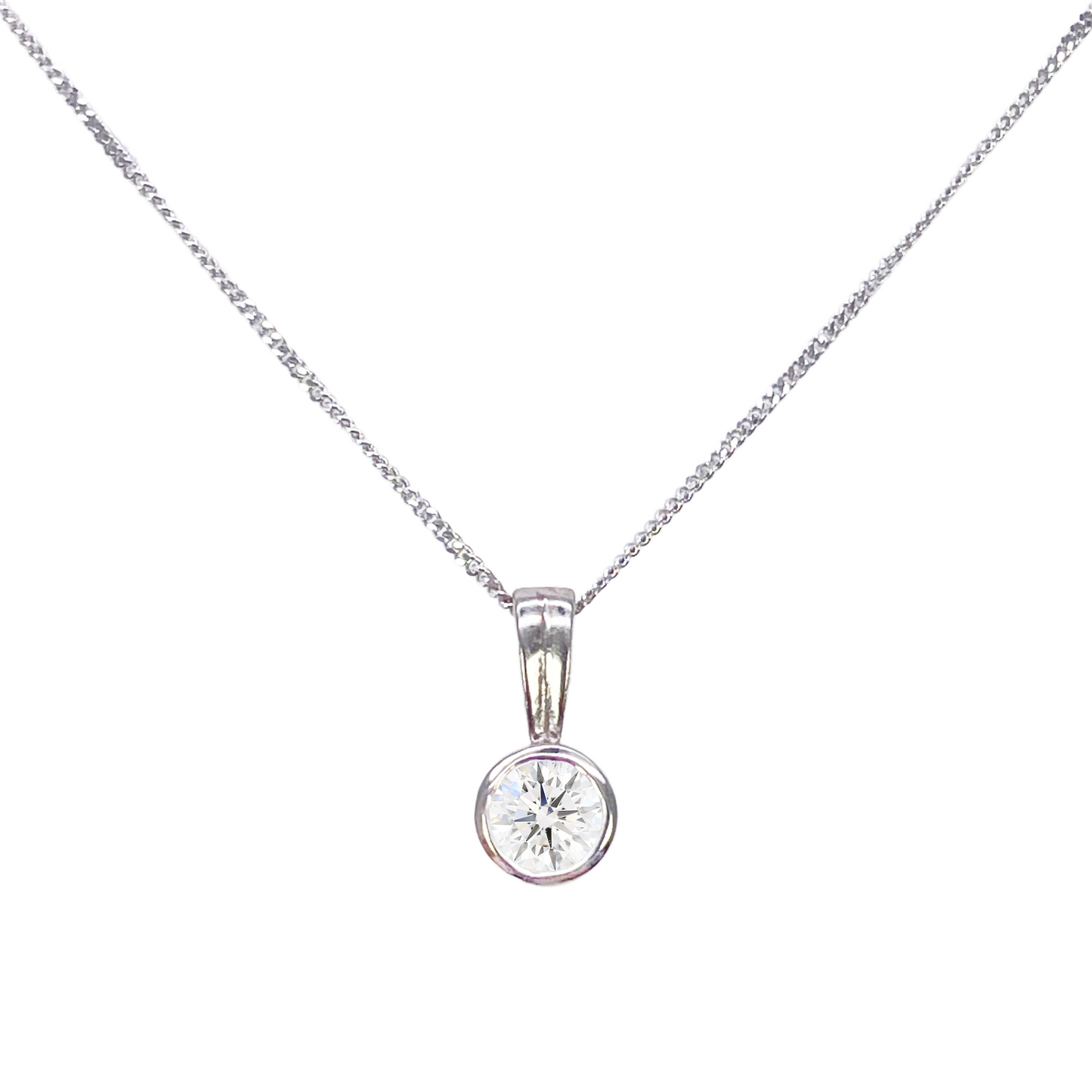 Round Natural Diamond Solitaire Bezel Rubover Set Pendant & Chain 0.50ct GIA Certified