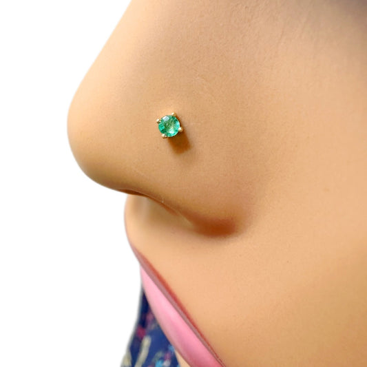 18ct Yellow Gold & Green Emerald Nose Stud / Nose Pin 0.05 Carats 4-Claw 2.0 mm