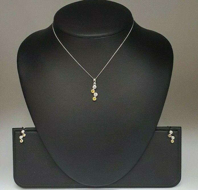 18K White Gold Yellow Sapphire & Diamonds Rubover Pendant Earrings chain 1.20cts