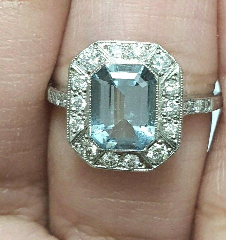 Vintage Design Aquamarine & Diamond Platinum Ring 0.20cts Pre-Owned Excellent Condition
