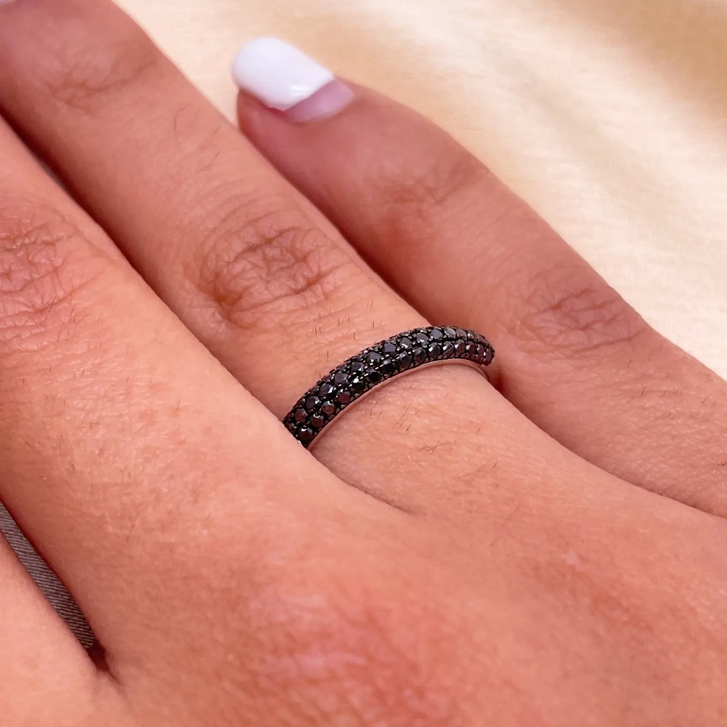 14ct White Gold Black Diamond 3 Row Dome Shaped Pave Set Ring 0.37ct Diamond Ring