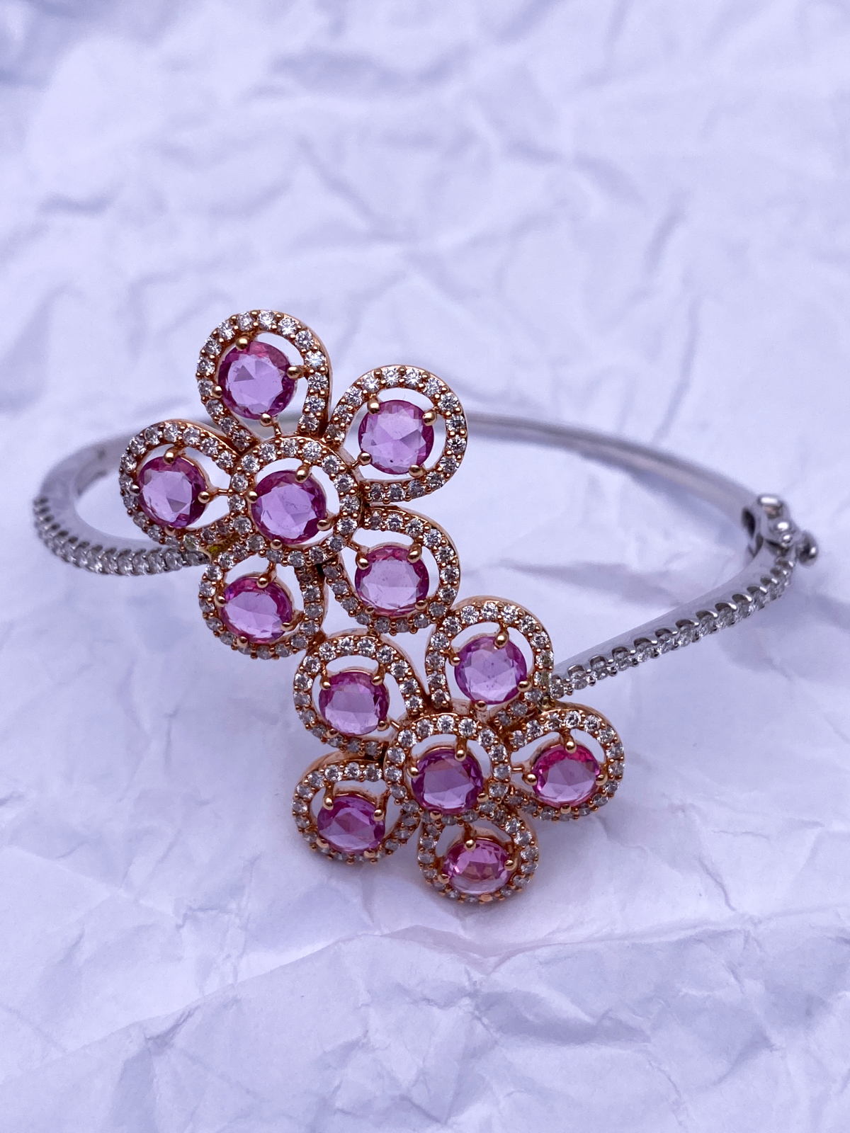 18Carat Rose and White Gold Diamond & Pink Sapphire Hinged Bangle 2.03 carats Diamond Bracelets