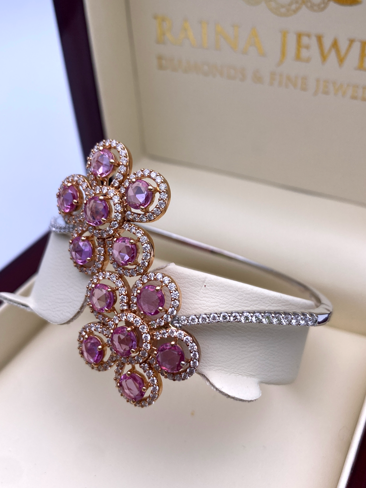 18Carat Rose and White Gold Diamond & Pink Sapphire Hinged Bangle 2.03 carats
