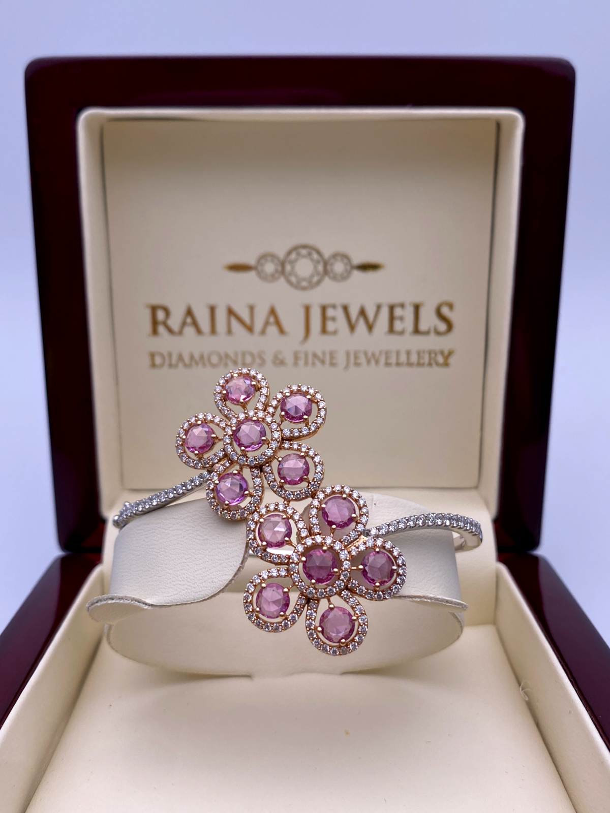 18Carat Rose and White Gold Diamond & Pink Sapphire Hinged Bangle 2.03 carats