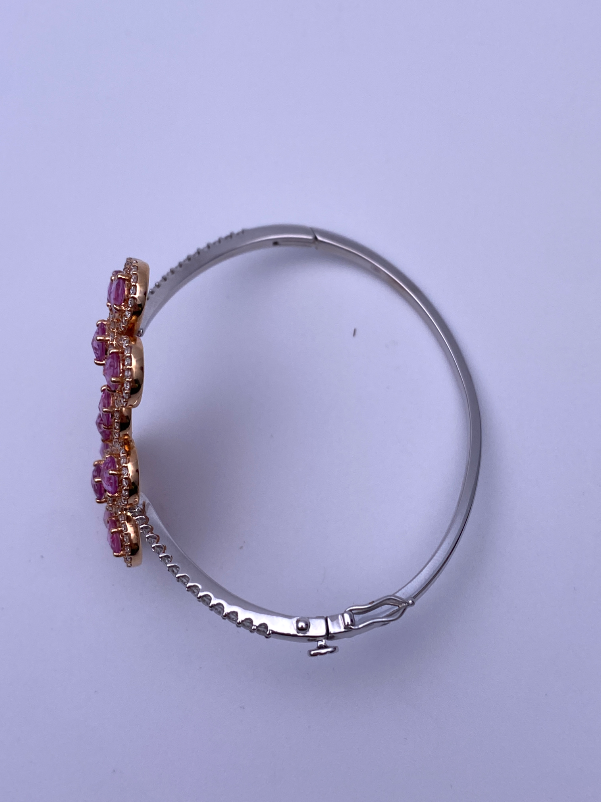 18Carat Rose and White Gold Diamond & Pink Sapphire Hinged Bangle 2.03 carats
