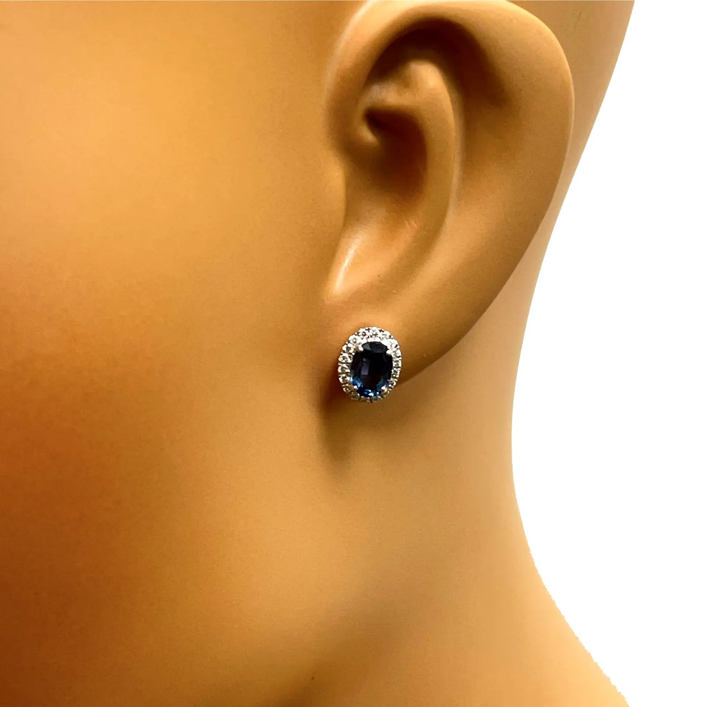 18ct White Gold Natural Oval Blue Sapphire & Diamond Cluster Earrings 0.22ct