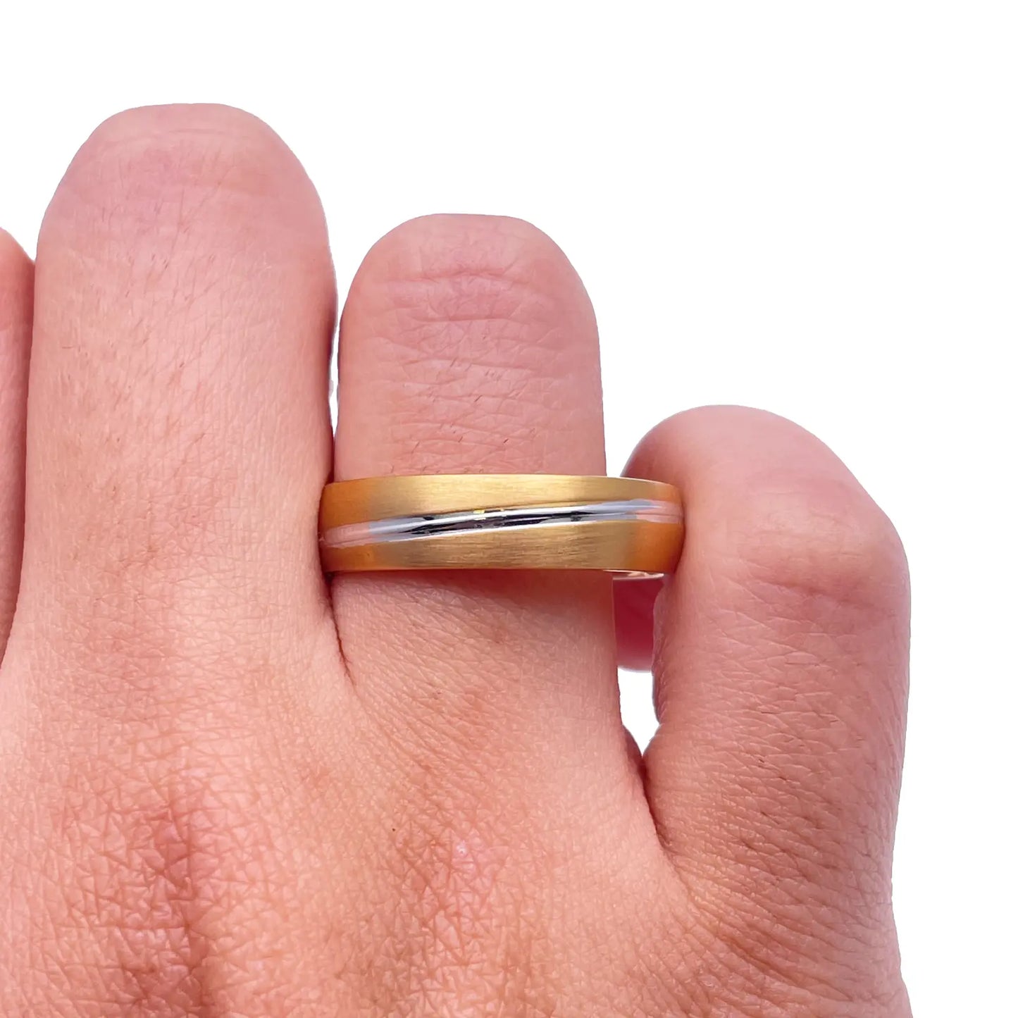 18ct Yellow/White Gold Bicolour Mens Wedding 5mm Band Double Wrapped Groove