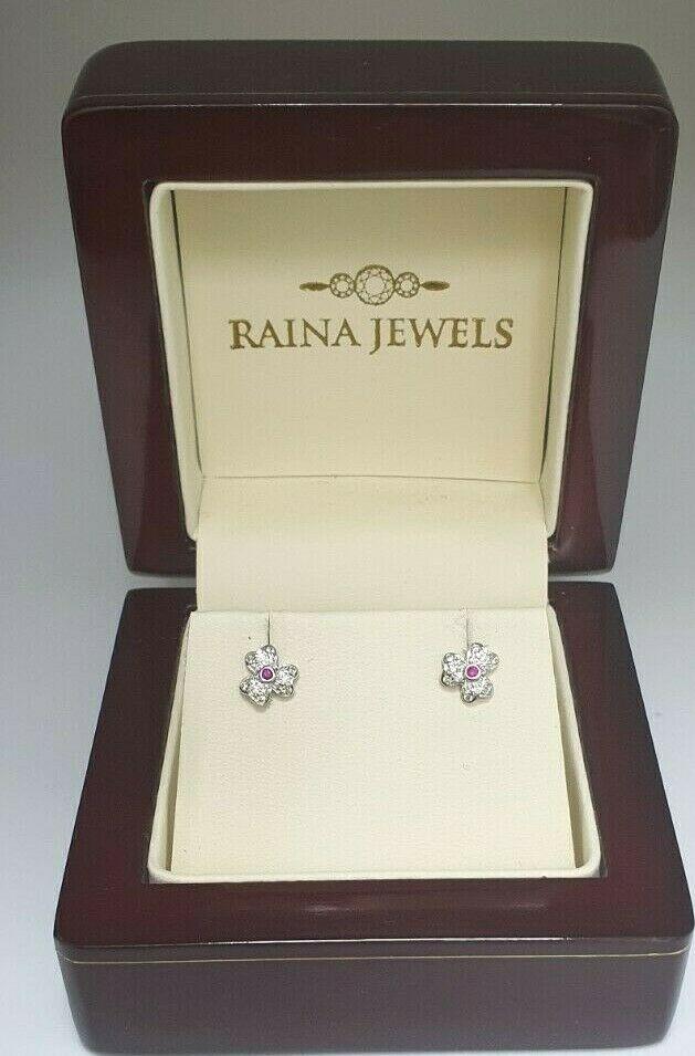 18ct White Gold Ruby & Diamond Earrings 0.20 cts Child friendly safe & secure