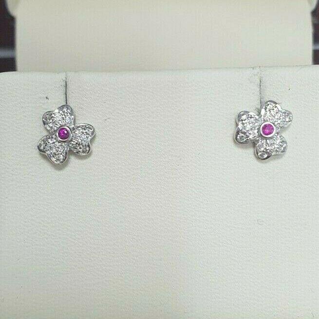 18ct White Gold Ruby & Diamond Earrings 0.20 cts Child friendly safe & secure