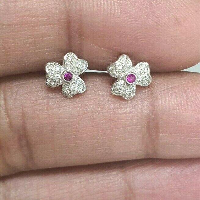 18ct White Gold Ruby & Diamond Earrings 0.20 cts Child friendly safe & secure