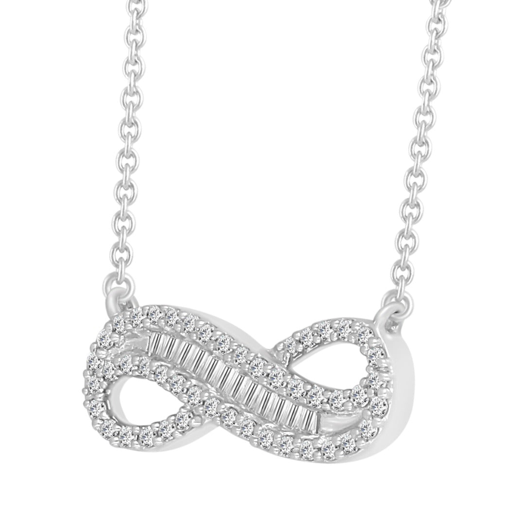 9ct White Gold & Natural Diamonds & Baguette Infinity Pendant Necklace 0.20cts