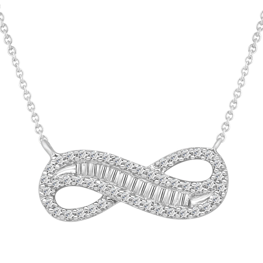 9ct White Gold & Natural Diamonds & Baguette Infinity Pendant Necklace 0.20cts