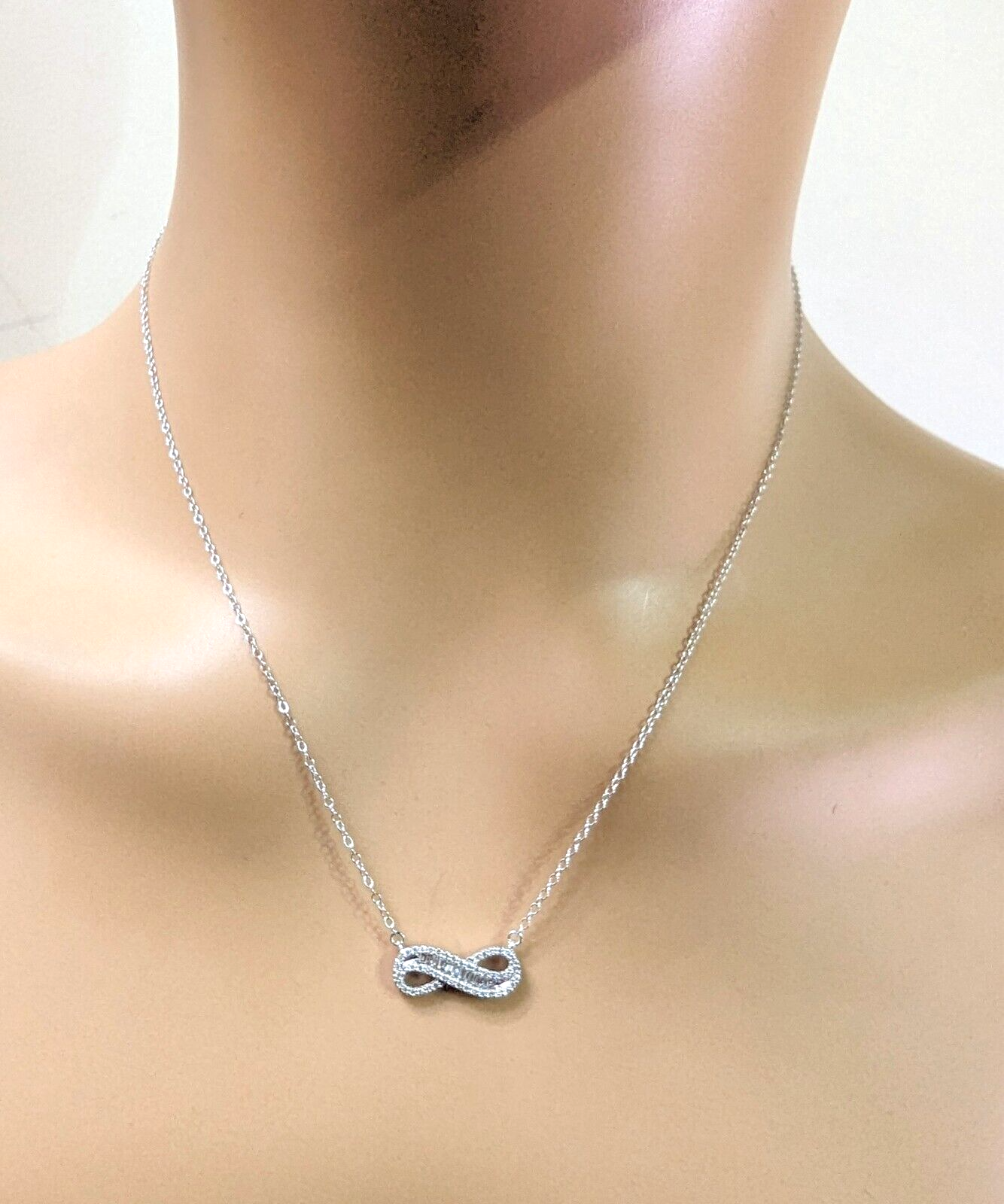 9ct White Gold & Natural Diamonds & Baguette Infinity Pendant Necklace 0.20cts