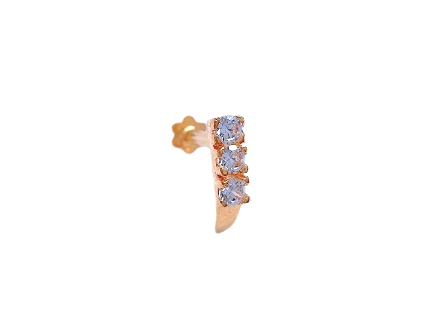 22ct Yellow Gold & Cubic Zirconia Half Hoop Nose Ring Stud Straight Bar 3 Stone