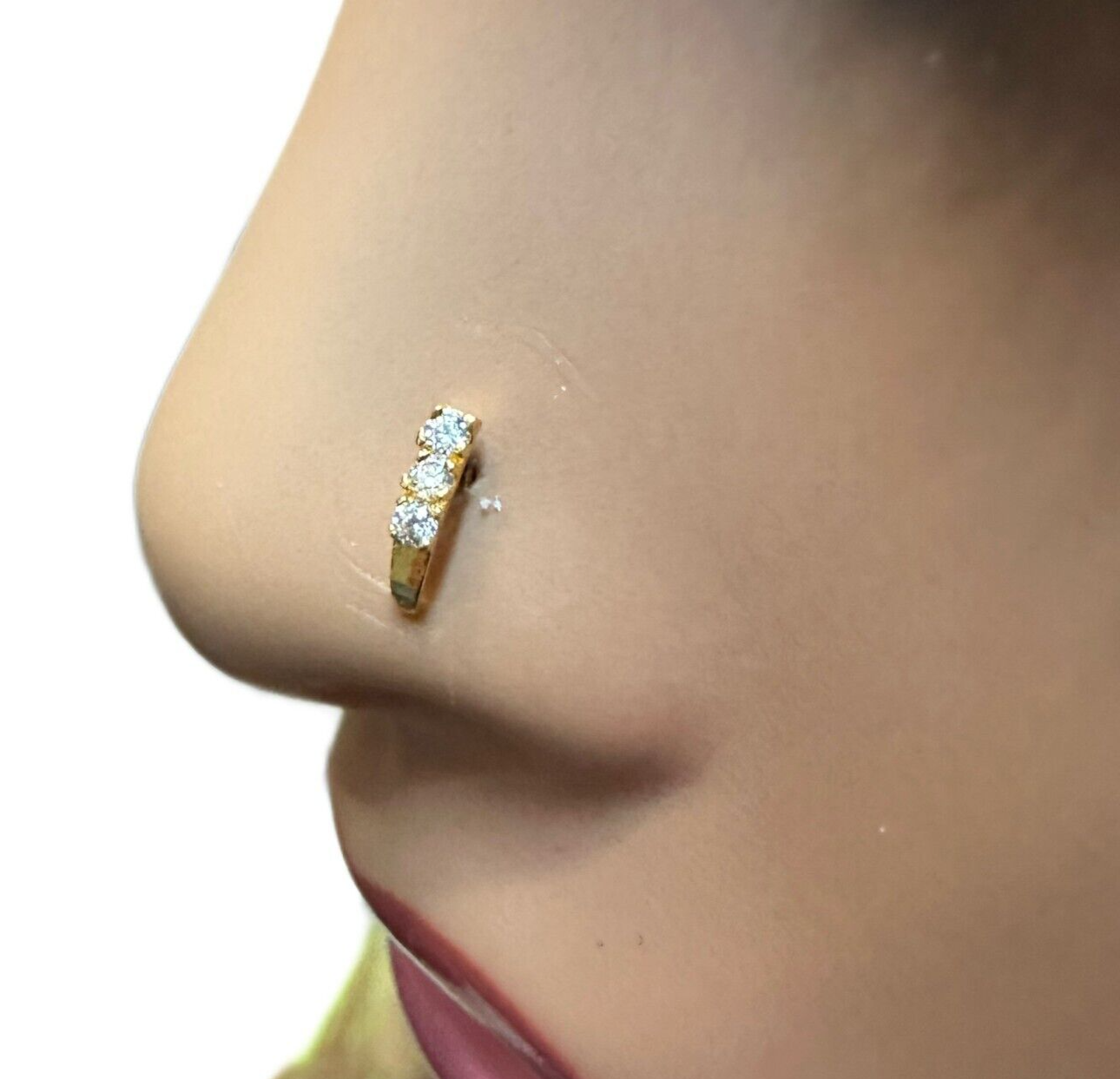 22ct Yellow Gold & Cubic Zirconia Half Hoop Nose Ring Stud Straight Bar 3 Stone