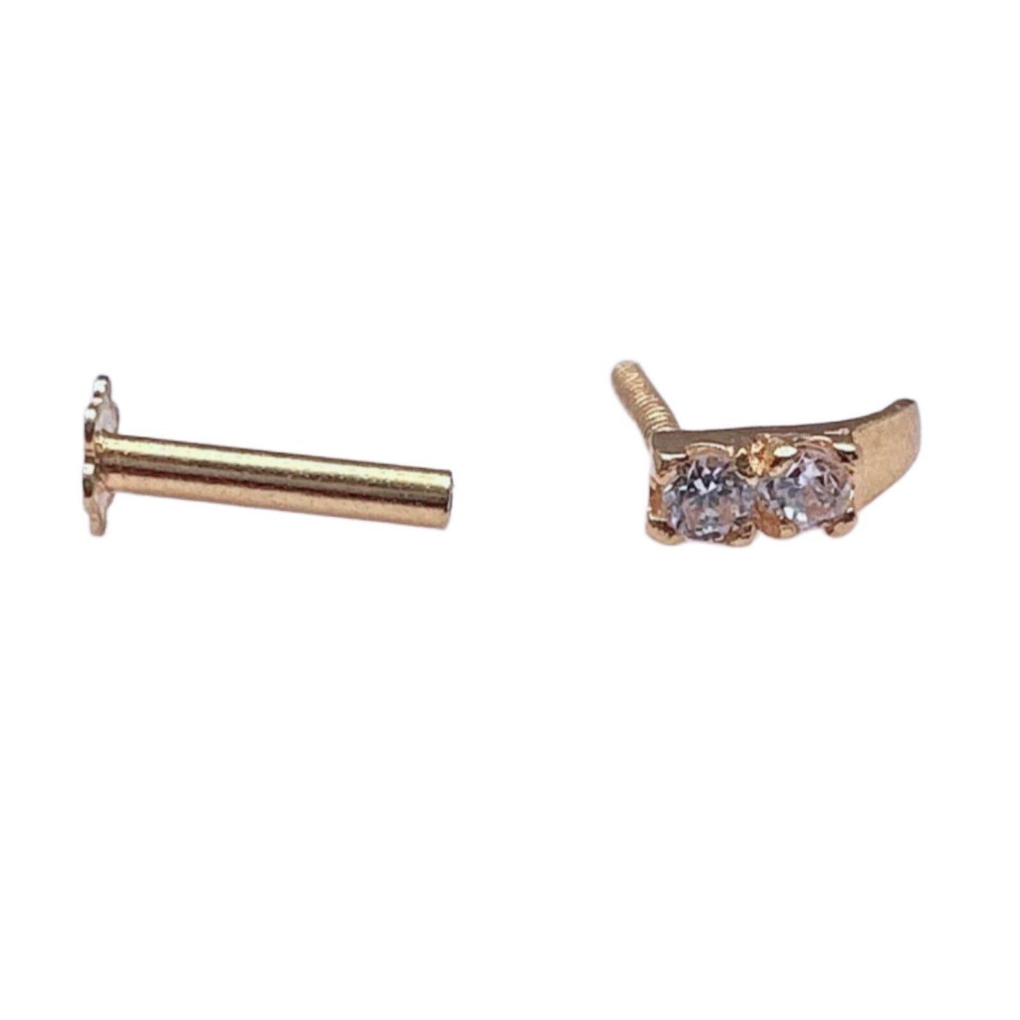 22ct Yellow Gold & Cubic Zirconia Half Hoop Nose Ring Stud Straight Bar 2 Stone