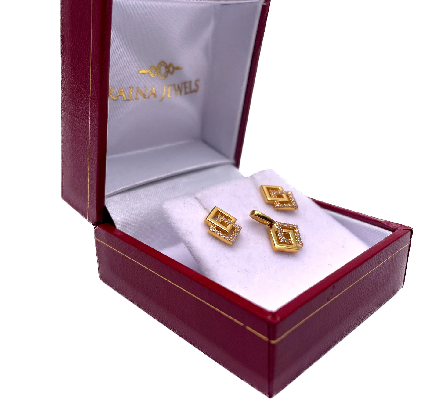 22ct Yellow Gold Cubic Zirconia Entwined Kite Shaped Pendant and Earrings Set