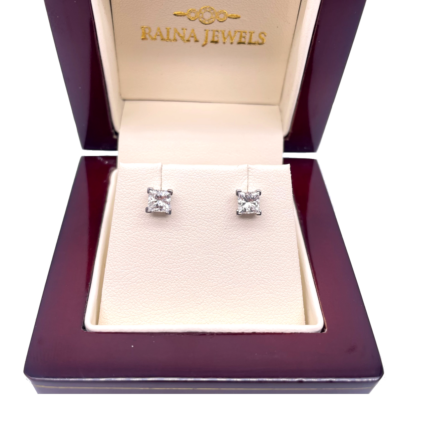 18ct White Gold Princess Cut Diamond 4-Claw Solitaire Studs 1.00ct GIA Certified