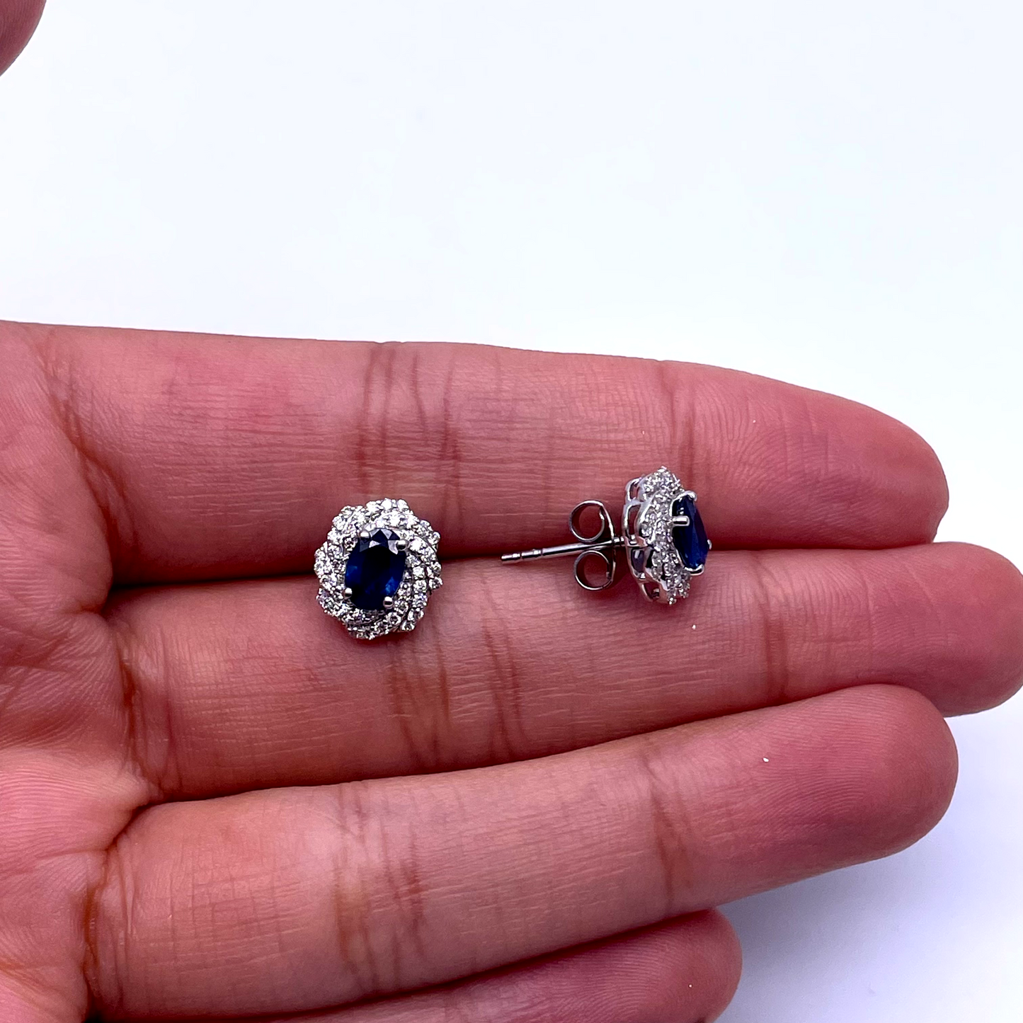 18ct White Gold Natural Oval Blue Sapphire & Diamond Cluster Earrings 0.33ct