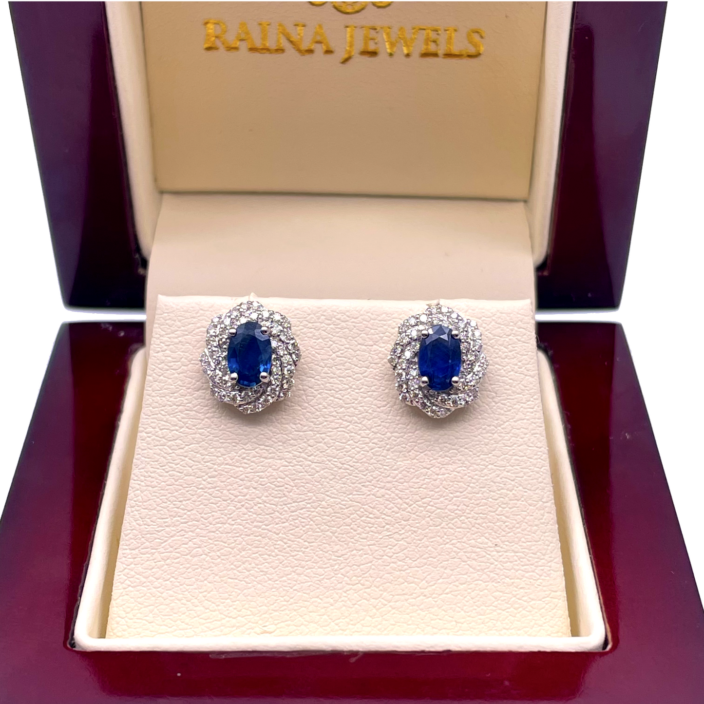 18ct White Gold Natural Oval Blue Sapphire & Diamond Cluster Earrings 0.33ct